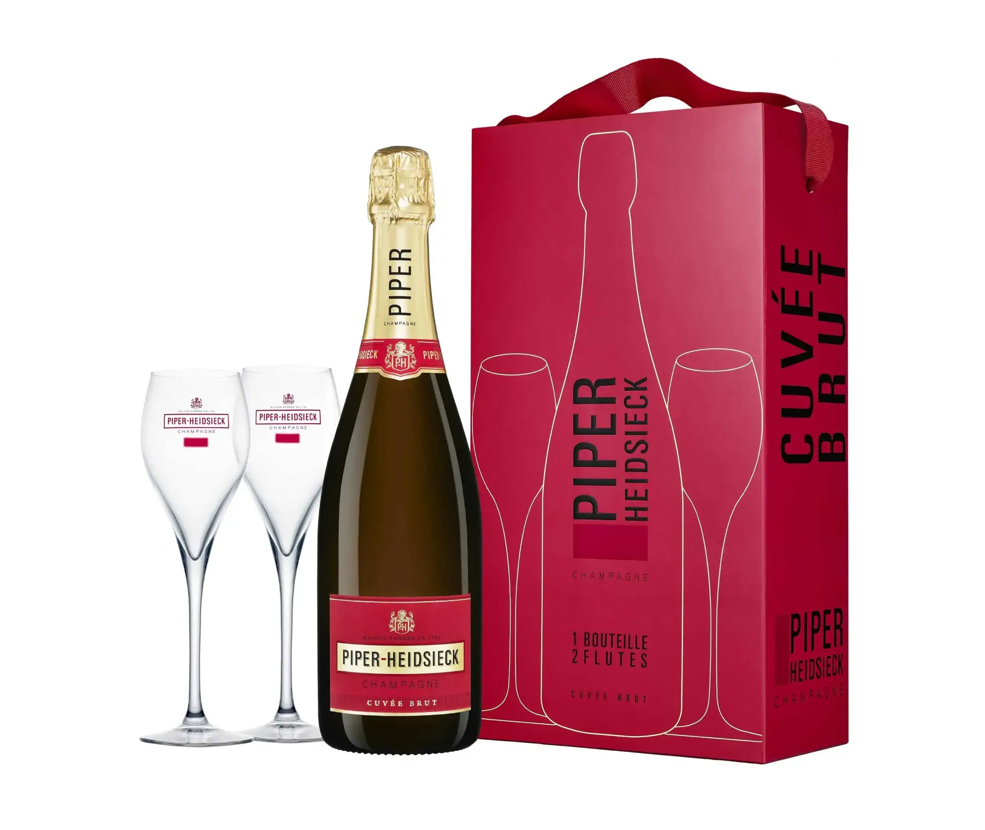 Champagne Piper-Heidsieck - Coffret - Cuvée Brut Glasspack & 2 flûtes - AOP Champagne - Blanc